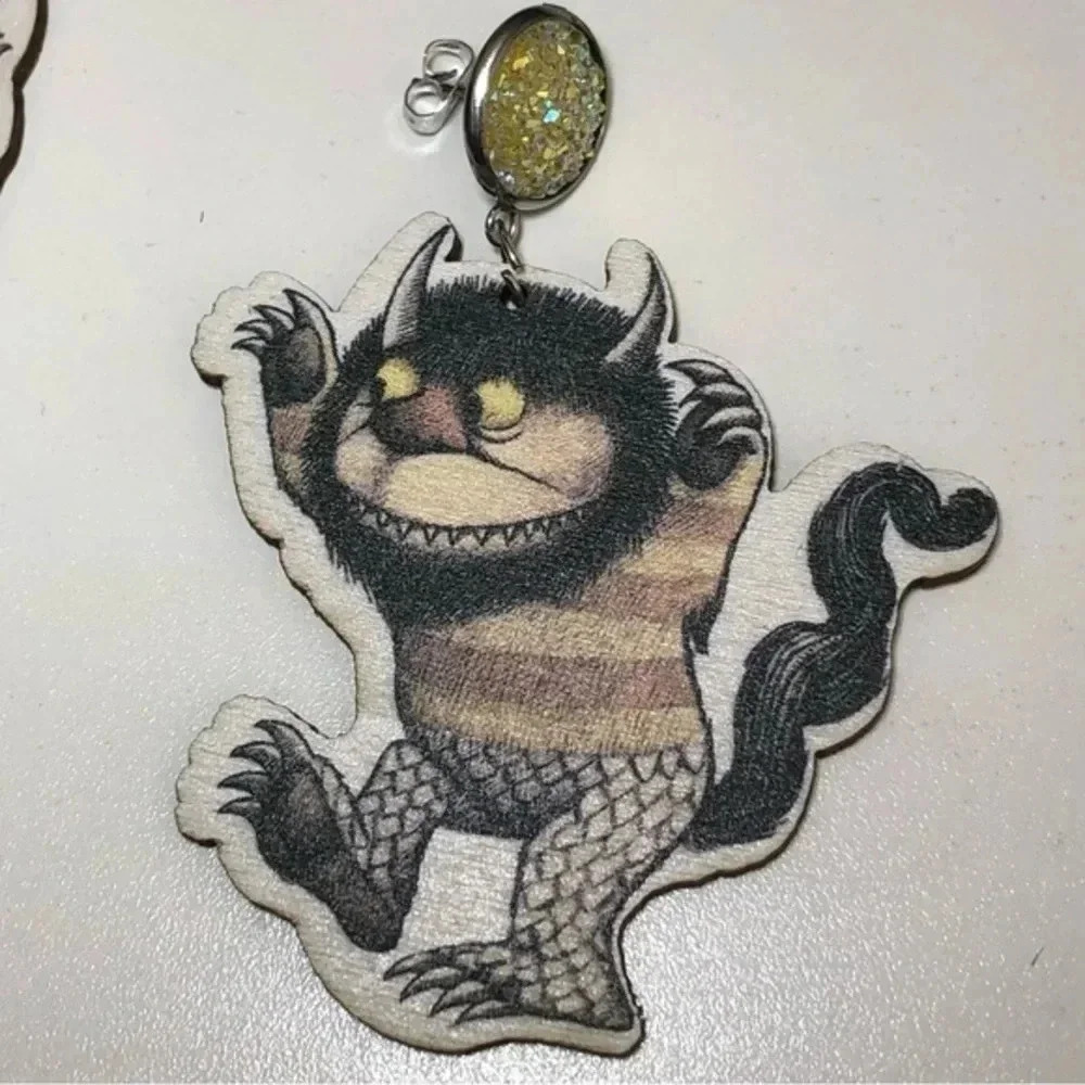 Where the Wild Things Are Book Teacher Reading Librarian Die Cut Wood Earrings - Picture 3 of 4